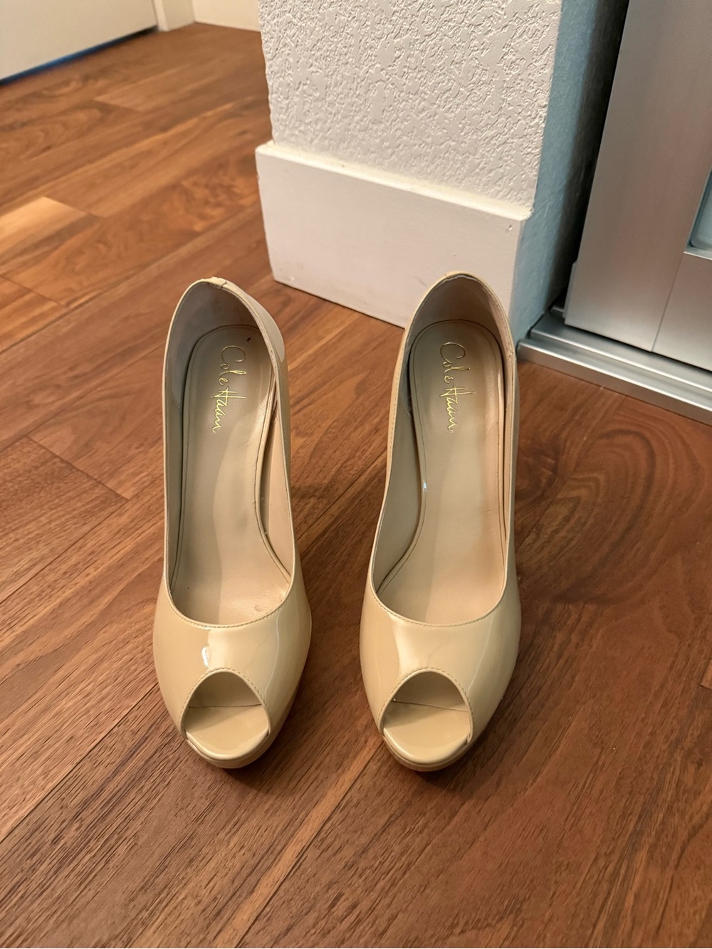 Cole Haan Beige Patent Peep-Toe Pumps